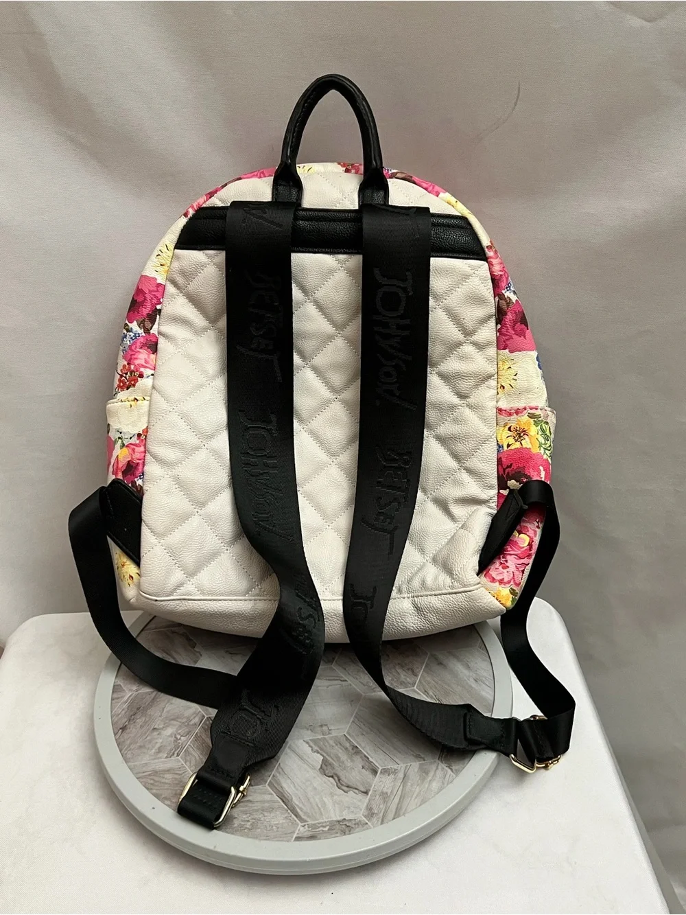 Betsey Johnson Floral Quilted Backpack White Pink Roses Gold Hardware